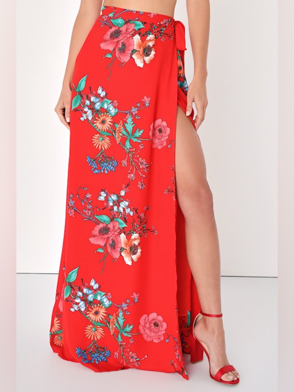 Lulus Bloom With a View Red Floral Print Wrap Tie Maxi Skirt